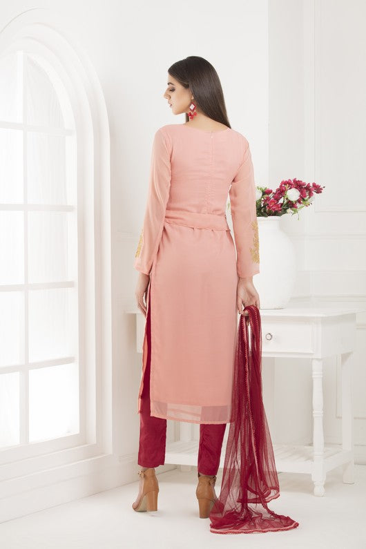 DUSTY PINK AND RED STRAIGHT SHIRT PARTY WEAR SUIT DUSTY PINK AND RED STRAIGHT SHIRT PARTY WEAR SUIT
