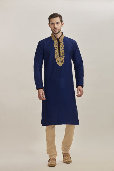 Navy Blue Indian Men's Embroidered Kurta Pajama Suit - Asian Party Wear