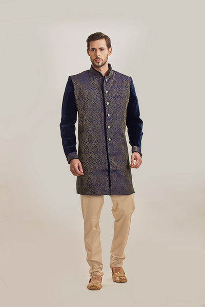 Navy Blue Prince Coat & Pant Pakistani Mens Festive Wear - Asian Party Wear