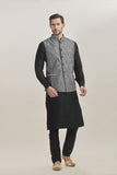 Black Kurta Pajama Grey Waistcoat Indian Menswear Outfit - Asian Party Wear