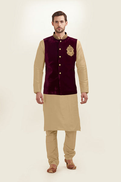 GOLD KURTA AND MAROON NEHRU JACKET WITH PAJAMA READY MADE EID DRESS - Asian Party Wear