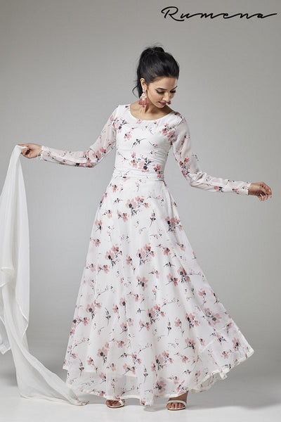 WHITE FLORAL LONG LENGTH READY MADE ANARKALI SUIT - Asian Party Wear