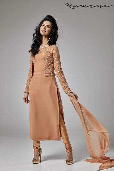 RUST SHORT JACKET STYLISH READY MADE CHURIDAAR SUIT - Asian Party Wear