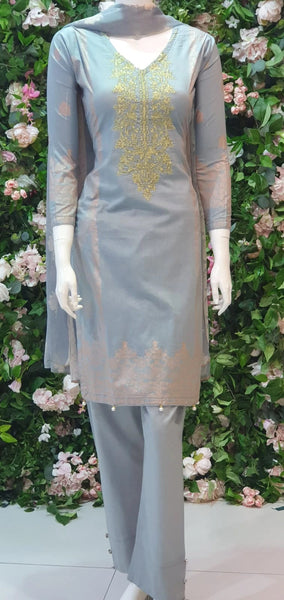 LIME GREY PRINTED COTTON LAWN SALWAR SUIT - Asian Party Wear