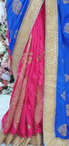 CLASSIC BLUE AND PINK EMBROIDERED INDIAN SAREE - Asian Party Wear