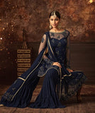 NAVY BLUE INDIAN WEDDING GHARARA SEMI STITCHED SUIT ( DELIVERY IN 2 WEEKS ) - Asian Party Wear