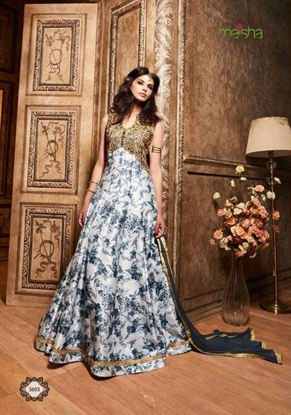 ZMS-3603 BLUE AND GOLD MAISHA MASKEEN SEEP WEDDING WEAR ANARKALI SUIT - Asian Party Wear