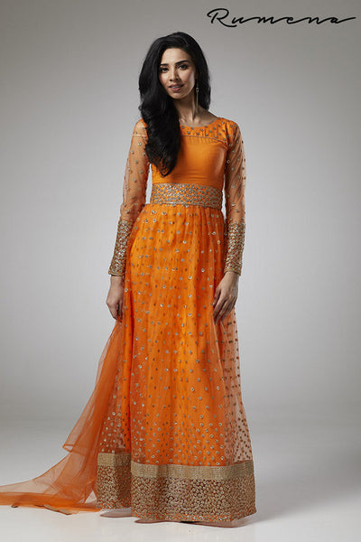 ORANGE FLARED STYLE MENDI WEAR READY MADE ANARKALI DRESS - Asian Party Wear