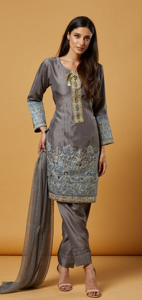 SLEETY GREY INDIAN PAKISTANI STYLE READYMADE SHALWAR KAMEEZ - Asian Party Wear