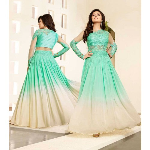 86004 AQUAGREEN AND BEIGE NITYA NET AND SHADED GEORGETTE PARTY WEAR DESIGNER SUIT - Asian Party Wear