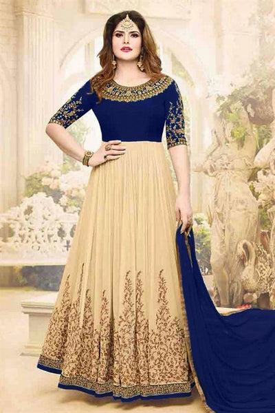 Zareen Kahn Royal Blue and Beige Anarkali Suit - Asian Party Wear