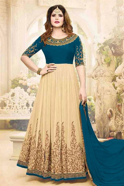 Zareen Kahn Teal Blue and Beige Anarkali Suit - Asian Party Wear