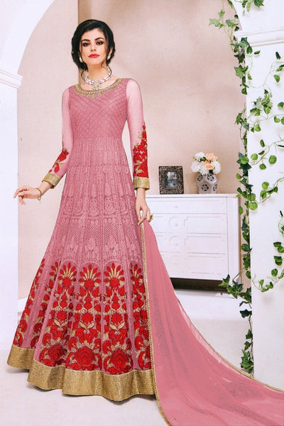 Pink Red Net Heavy Embroidered Floral Anarkali Gown - Asian Party Wear