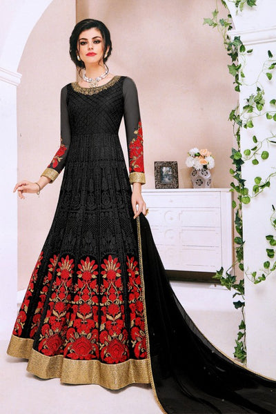 Floral Red Net Heavy Embroidered Floral Anarkali Gown - Asian Party Wear