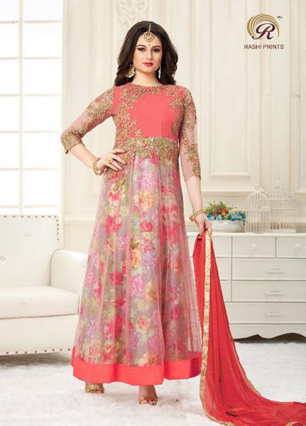 Floral Pink Dress Net Anarkali Frock - Asian Party Wear