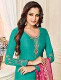 Turquoise Straight Indian Party Wear Churidar Suit - Asian Party Wear