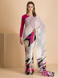 CREAM AND PINK SUMMER ABSTRACT PRINTED SEMI STITCHED SAREE - Asian Party Wear