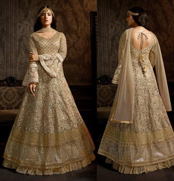 Beige Heavy Embroidered Wedding Anarkali Dress - Asian Party Wear