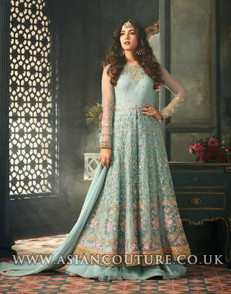 Sky Blue Indian Party Wear Asian Anarkali Wedding Bridal Gown Dress - Asian Party Wear