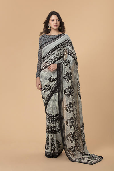 ASH GREY ABSTRACT PRINT DESIGNER READY MADE SAREE - Asian Party Wear