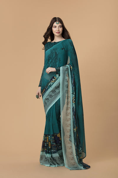 RAMA GREEN BOLD PRINTED SAREE - Asian Party Wear