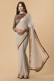 ZACS-719 SILVER GREY PARTY WEAR BROCADE BLOUSE SAREE - Asian Party Wear