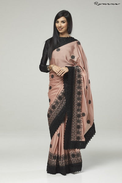 ZACS-731 ROSE PINK AND BLACK EMBROIDERED INDIAN WEDDING SAREE - Asian Party Wear