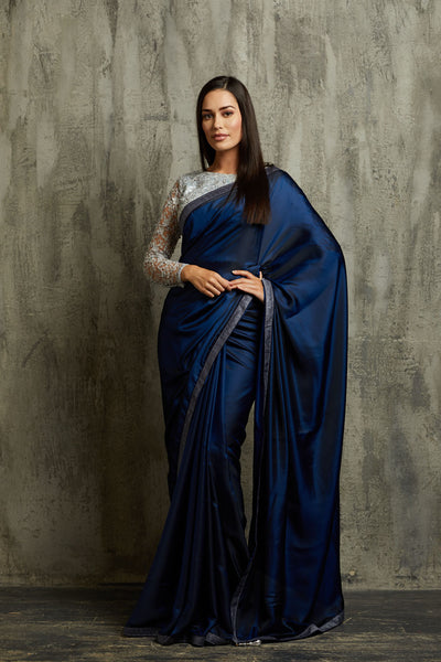 NAVY BLUE & SILVER INDIAN EVENING WEAR READYMADE SAREE - Asian Party Wear