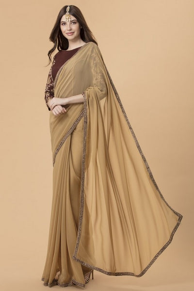 ZACS-709 BEIGE STYLISH SILK BLOUSE INDIAN EVENING WEAR SAREE - Asian Party Wear