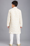 WHITE JACQUARD JACKET STYLE KURTA AND PAJAMA YOUNG BOYS EID SUIT - Asian Party Wear