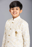 WHITE JACQUARD JACKET STYLE KURTA AND PAJAMA YOUNG BOYS EID SUIT - Asian Party Wear