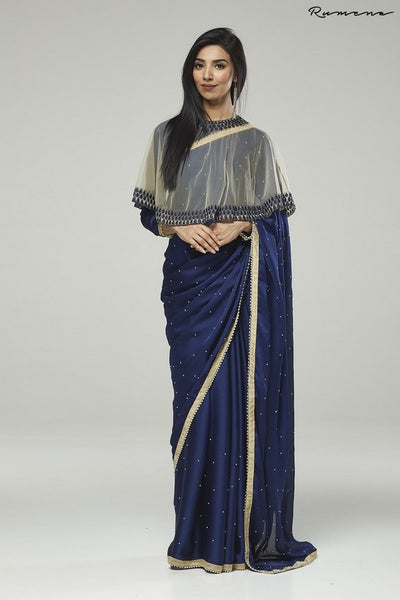 ZACS-729 NAVY BLUE CHIFFON CAPE STYLE DESIGNER SAREE - Asian Party Wear