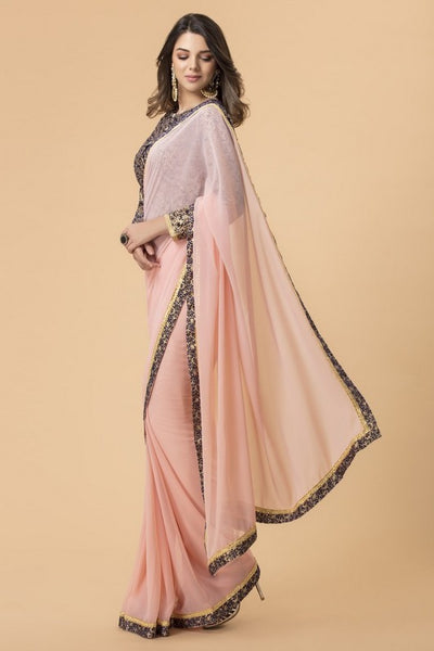 ZACS-703 PEACH GEORGETTE BROCADE BORDER INDIAN PARTY WEAR SAREE - Asian Party Wear