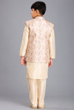 Cream and Gold Nehru Jacket, Kurta and Pajama Boys Wear Eid Suit - Asian Party Wear