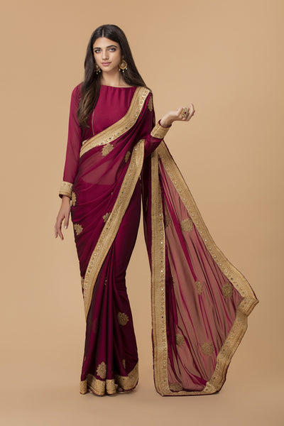 MAROON GEORGETTE SAREE WITH RICH GOLD BORDER - Asian Party Wear