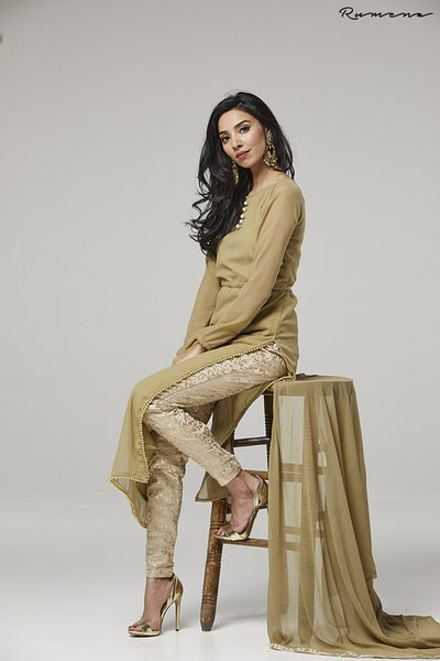 BEIGE STRAIGHT SHIRT AND BROCADE TROUSER READY TO WEAR EID SUIT - Asian Party Wear