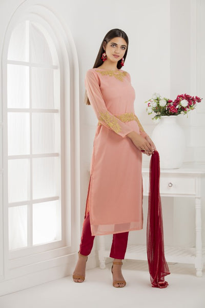 DUSTY PINK AND RED STRAIGHT SHIRT PARTY WEAR SUIT - Asian Party Wear