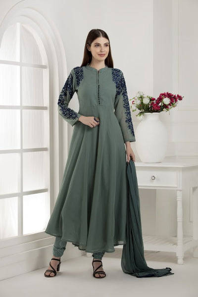 ULTRAMARINE GREEN GEORGETTE DESIGNER READYMADE SUIT - Asian Party Wear