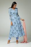 Serenity Blue Floral Contrast Tier Flow Suit - Asian Party Wear