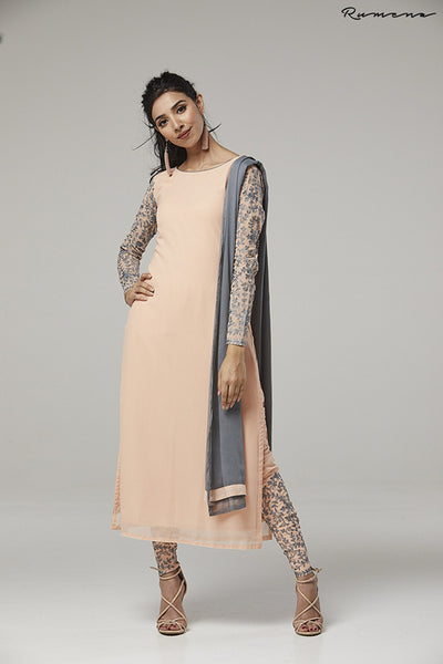 PRETTY PEACH EMBROIDERED SLEEVES STYLISH CHURIDAR SUIT - Asian Party Wear