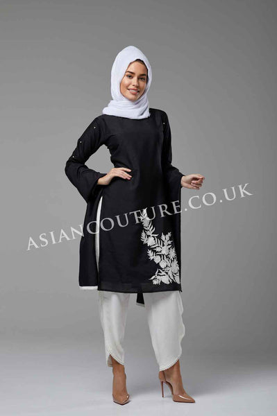 BLACK AND WHITE WINTER WEAR SHORT KAMEEZ READY MADE OUTFIT - Asian Party Wear