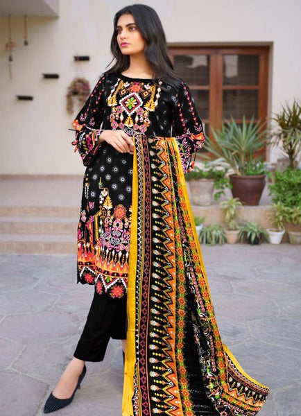 Black Ajrak Printed Lawn Kameez & Shalwar Suit Set - Asian Party Wear