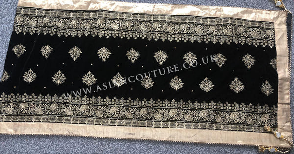 Royal Black Heavy Diamonte Embroidered Velvet Shawl - Asian Party Wear