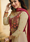 BEIGE AND RED INDIAN PARTY AND WEDDING ANARKALI GOWN - Asian Party Wear