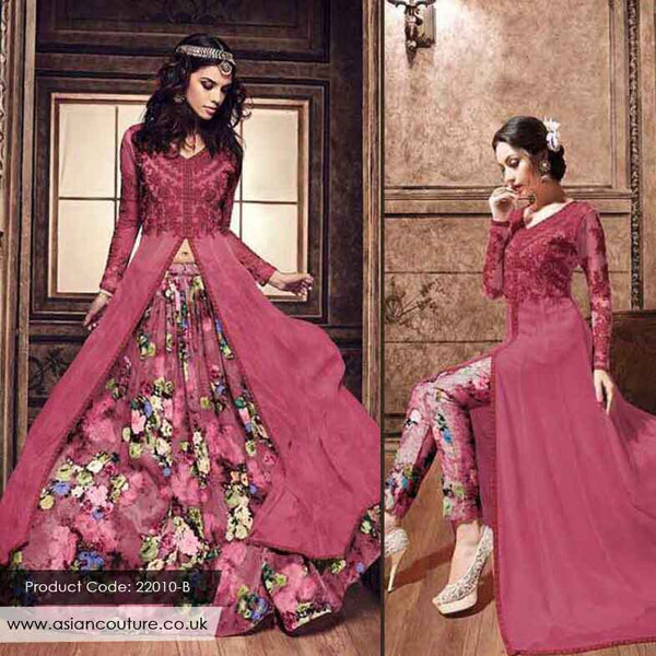 BURGUNDY FRONT SLIT ANARKALI SILK PRINTED DRESS - Asian Party Wear