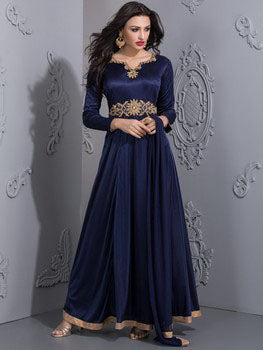 NAVY BLUE GOWN READYMADE WITH GOLD EMBROIDARY SUIT - Asian Party Wear