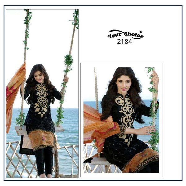 Z2184 BLACK PAKISTANI STYLE LAWN COTTON SALWAR KAMEEZ - Asian Party Wear