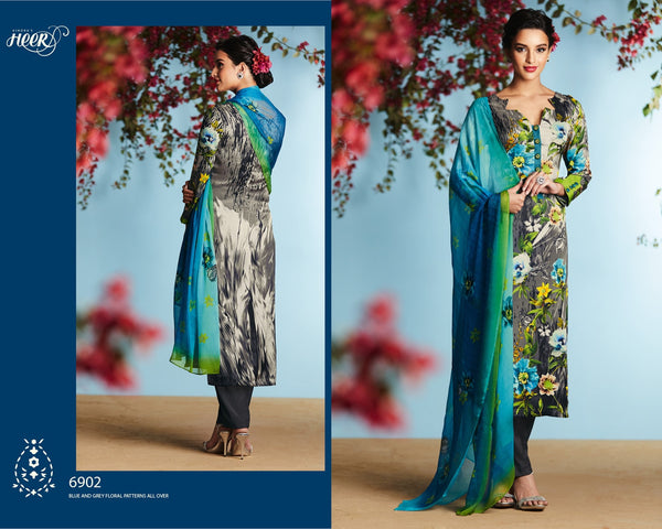 6902 BLUE AND GREY KIMORA HEER DIGITAL PRINTED PARTY WEAR SALWAR SUIT - Asian Party Wear