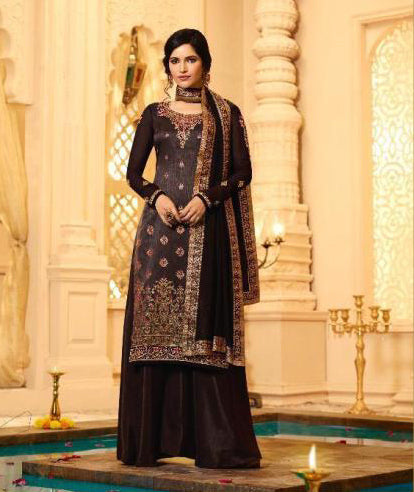 Dark Brown Banarasi Jacquard Indian Designer Party Suit (2 Weeks Delivery) - Asian Party Wear