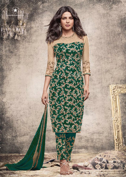 5153-A DARK GREEN HEROINE STARDIVA PRIYANKA CHOPRA GEORGETTE STRAIGHT CUT SEMI STITCHED SUIT - Asian Party Wear